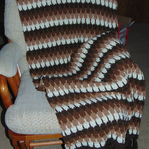 Vintage Afghan, Handmade, Shades of Brown, Beige and Ivory, 60 x76 - Picture 6 of 16